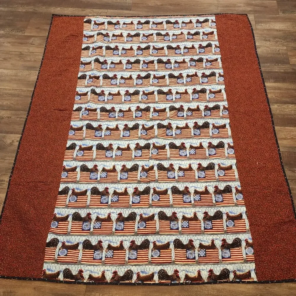 Americana Country Themed Machine / Handmade Quilt Chicken Roosters 78
